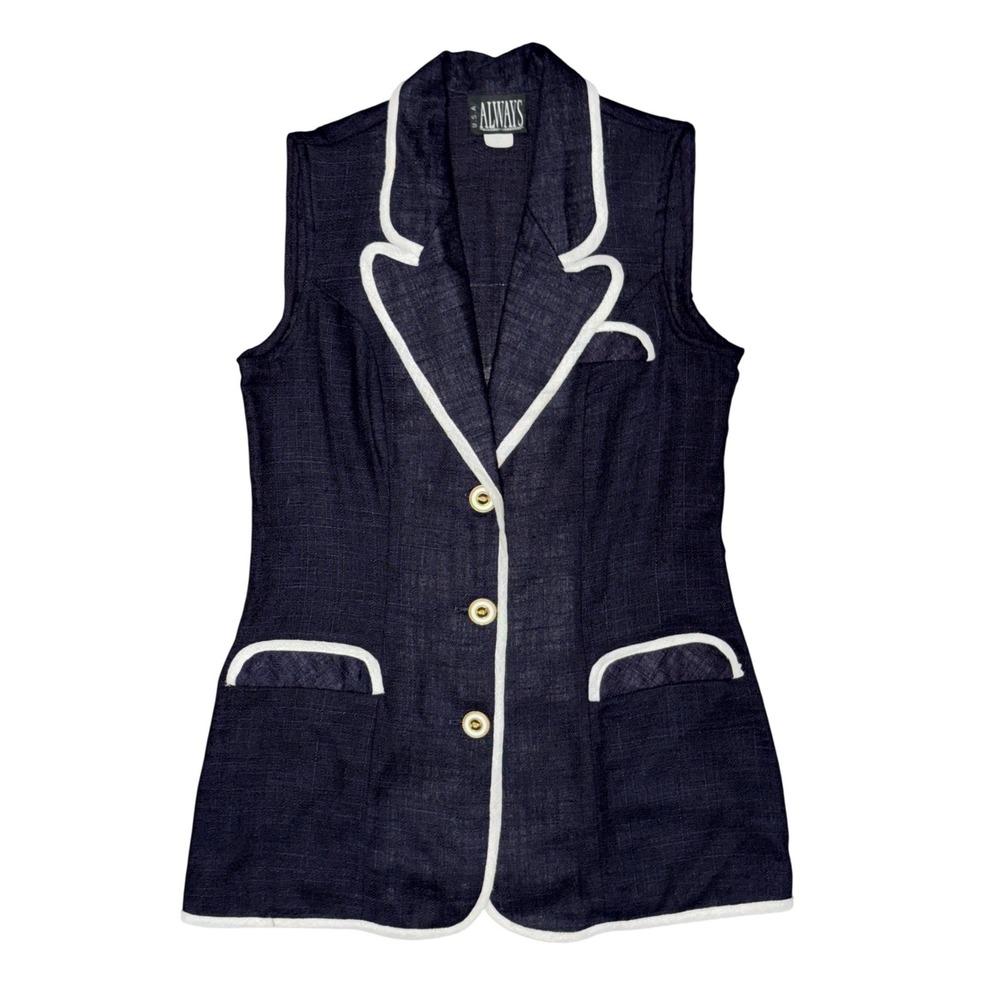 Vintage Navy Linen Sailor Sleeveless Vest Nautical Coastal Old Money Retro Pinup
